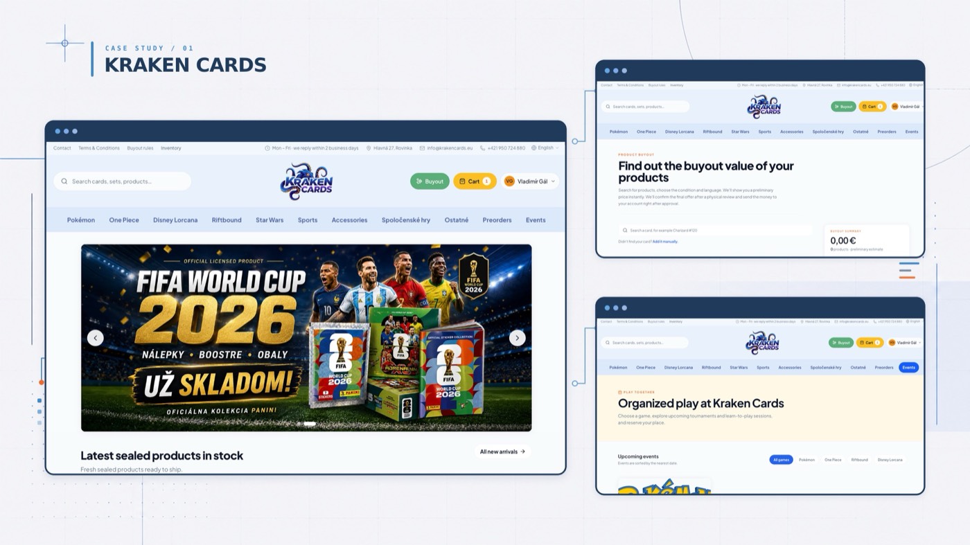 Kraken Cards, shown across three screens: the storefront, the product buyout portal and the organized-play events page