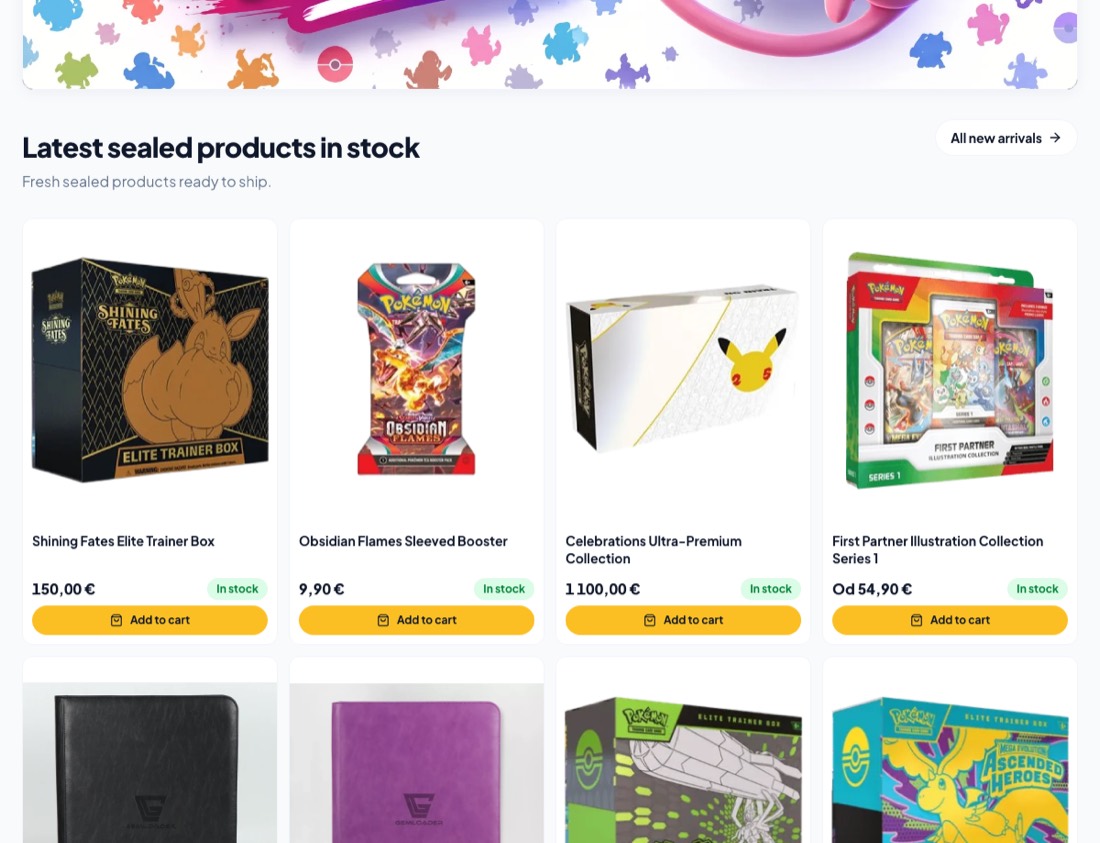 Kraken Cards storefront product grid with prices, stock status and add-to-cart