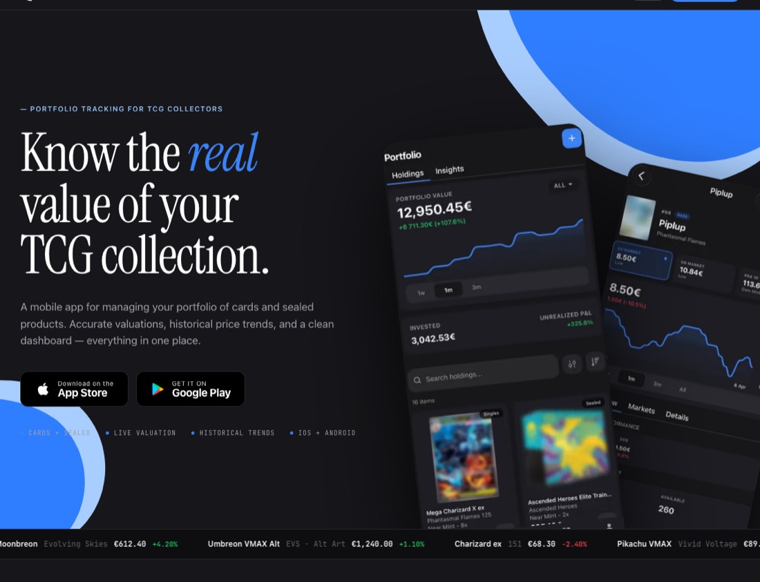 Sealed Market landing page showing the portfolio tracking mobile app